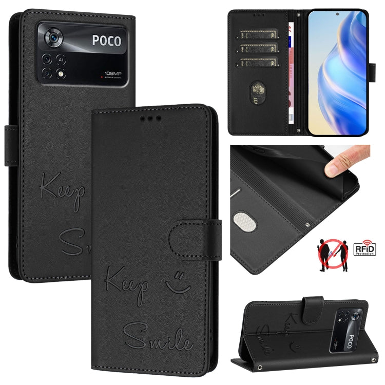 Smile Embossing RFID Leather Phone Case, For Xiaomi Poco C40, For Xiaomi Civi 1S, For Xiaomi Poco M4 Pro 5G, For Xiaomi Poco M4 Pro 4G, For Xiaomi Poco X4 Pro 5G, For Xiaomi 11 Lite 5G NE, For Xiaomi Mi 11 Lite 4G / 5G, For Xiaomi 11T / 11T Pro