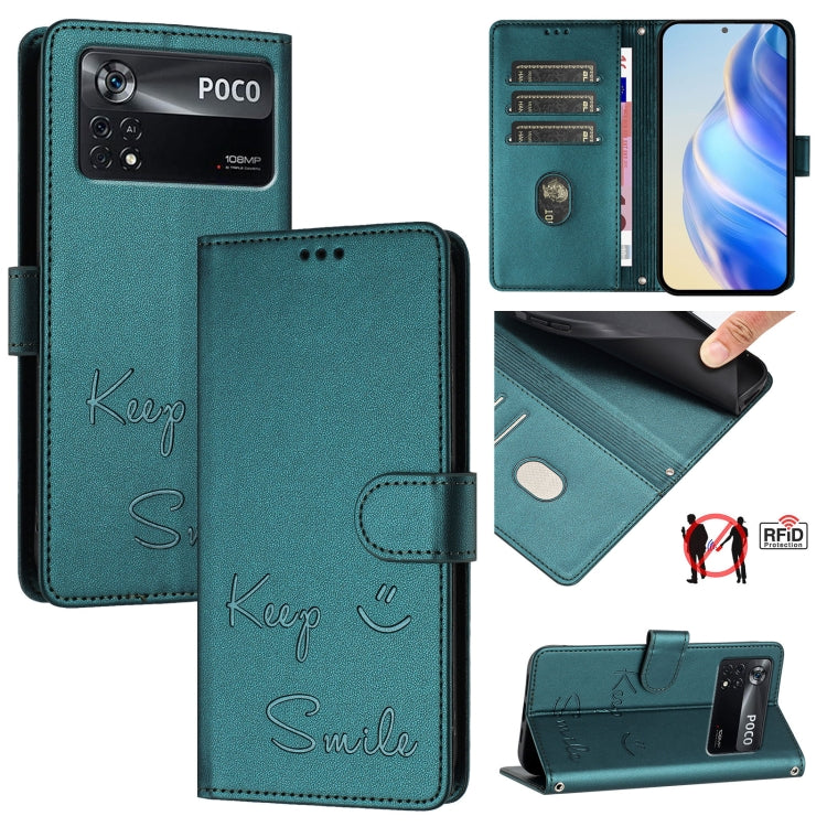 Smile Embossing RFID Leather Phone Case, For Xiaomi Poco C40, For Xiaomi Civi 1S, For Xiaomi Poco M4 Pro 5G, For Xiaomi Poco M4 Pro 4G, For Xiaomi Poco X4 Pro 5G, For Xiaomi 11 Lite 5G NE, For Xiaomi Mi 11 Lite 4G / 5G, For Xiaomi 11T / 11T Pro