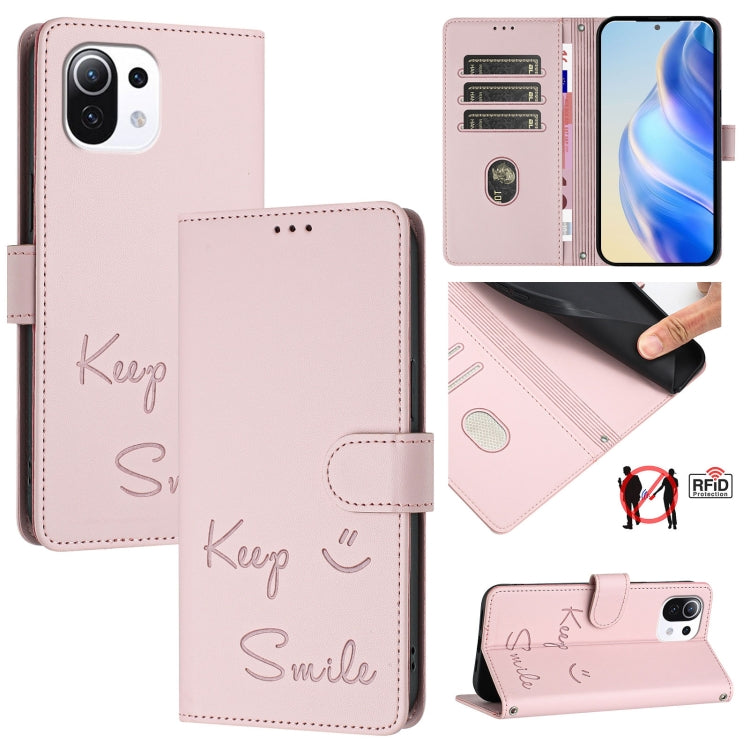 Smile Embossing RFID Leather Phone Case, For Xiaomi Poco C40, For Xiaomi Civi 1S, For Xiaomi Poco M4 Pro 5G, For Xiaomi Poco M4 Pro 4G, For Xiaomi Poco X4 Pro 5G, For Xiaomi 11 Lite 5G NE, For Xiaomi Mi 11 Lite 4G / 5G, For Xiaomi 11T / 11T Pro