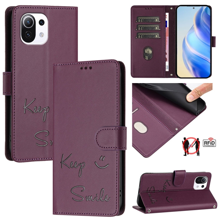 Smile Embossing RFID Leather Phone Case, For Xiaomi Poco C40, For Xiaomi Civi 1S, For Xiaomi Poco M4 Pro 5G, For Xiaomi Poco M4 Pro 4G, For Xiaomi Poco X4 Pro 5G, For Xiaomi 11 Lite 5G NE, For Xiaomi Mi 11 Lite 4G / 5G, For Xiaomi 11T / 11T Pro