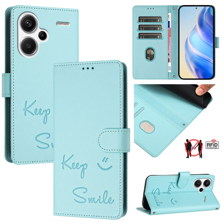 Smile Embossing RFID Leather Phone Case, For Redmi Note 13 Pro+ Global, For Redmi Note 12R, For Redmi 12 4G Global / India, For Redmi 12 5G Global / India, For Redmi Note 11T Pro+ / 12T Pro, For Redmi K50i, For Redmi Note 12 Turbo, For Redmi K60 / K60 Pro