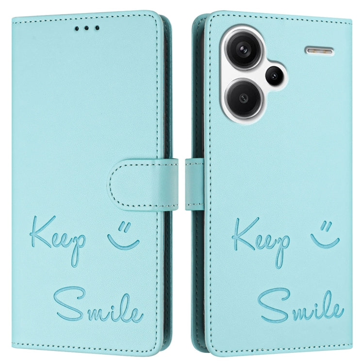 Smile Embossing RFID Leather Phone Case, For Redmi Note 13 Pro+ Global, For Redmi Note 12R, For Redmi 12 4G Global / India, For Redmi 12 5G Global / India, For Redmi Note 11T Pro+ / 12T Pro, For Redmi K50i, For Redmi Note 12 Turbo, For Redmi K60 / K60 Pro