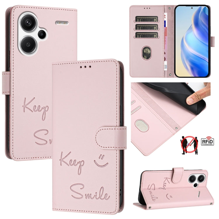 Smile Embossing RFID Leather Phone Case, For Redmi Note 13 Pro+ Global, For Redmi Note 12R, For Redmi 12 4G Global / India, For Redmi 12 5G Global / India, For Redmi Note 11T Pro+ / 12T Pro, For Redmi K50i, For Redmi Note 12 Turbo, For Redmi K60 / K60 Pro