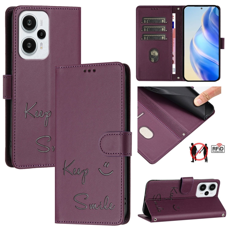 Smile Embossing RFID Leather Phone Case, For Redmi Note 13 Pro+ Global, For Redmi Note 12R, For Redmi 12 4G Global / India, For Redmi 12 5G Global / India, For Redmi Note 11T Pro+ / 12T Pro, For Redmi K50i, For Redmi Note 12 Turbo, For Redmi K60 / K60 Pro