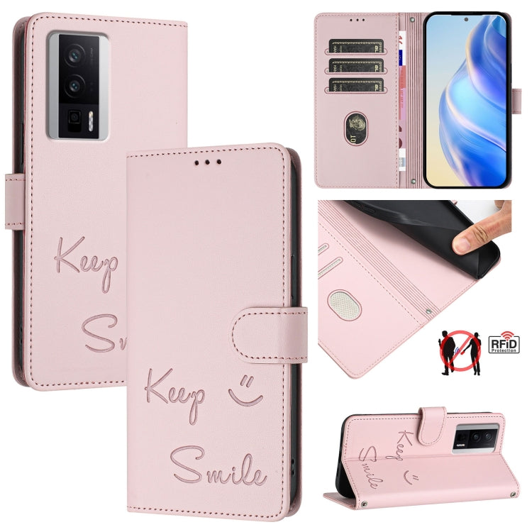 Smile Embossing RFID Leather Phone Case, For Redmi Note 13 Pro+ Global, For Redmi Note 12R, For Redmi 12 4G Global / India, For Redmi 12 5G Global / India, For Redmi Note 11T Pro+ / 12T Pro, For Redmi K50i, For Redmi Note 12 Turbo, For Redmi K60 / K60 Pro
