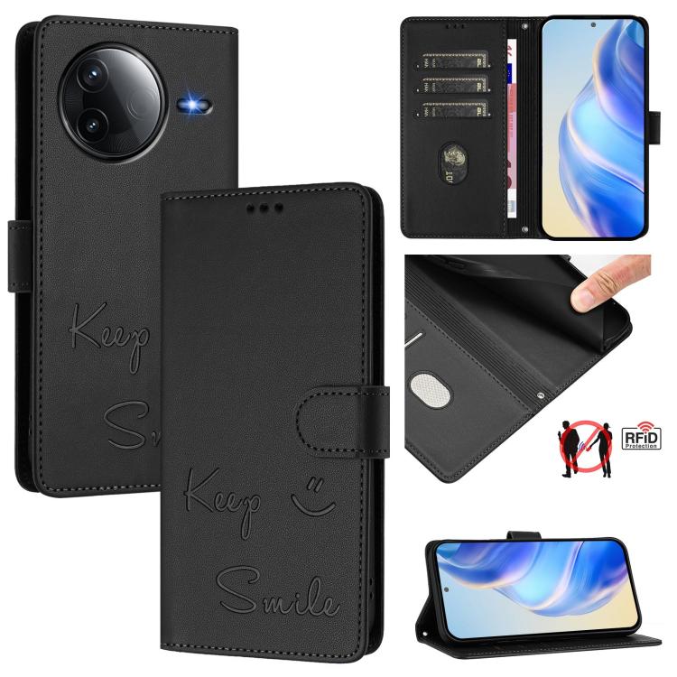 Smile Embossing RFID Leather Phone Case, For Redmi Note 15 Pro 5G Global 163.6mm, For Redmi 15 5G / 4G EU 171mm, For Redmi K80 5G / K80 Pro 5G, For Redmi Note 14 Pro 4G, For Redmi Note 14 4G 163.25mm, For Redmi Note 14 5G                               ...