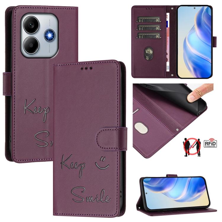Smile Embossing RFID Leather Phone Case, For Redmi Note 15 Pro 5G Global 163.6mm, For Redmi 15 5G / 4G EU 171mm, For Redmi K80 5G / K80 Pro 5G, For Redmi Note 14 Pro 4G, For Redmi Note 14 4G 163.25mm, For Redmi Note 14 5G                               ...
