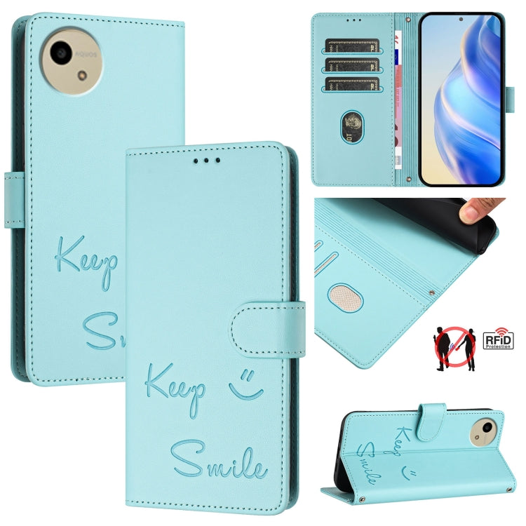 Smile Embossing RFID Leather Phone Case, For Sharp Aquos wish6, For Sharp Aquos R11, For Sharp Aquos Sense10, For Sharp Basio Active3, For Sharp Aquos Sense9 Plus, For Sharp Aquos Sense9, For Sharp Aquos R9 Pro, For Sharp Aquos wish4