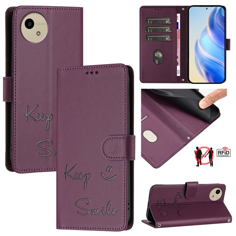 Smile Embossing RFID Leather Phone Case, For Sharp Aquos wish6, For Sharp Aquos R11, For Sharp Aquos Sense10, For Sharp Basio Active3, For Sharp Aquos Sense9 Plus, For Sharp Aquos Sense9, For Sharp Aquos R9 Pro, For Sharp Aquos wish4