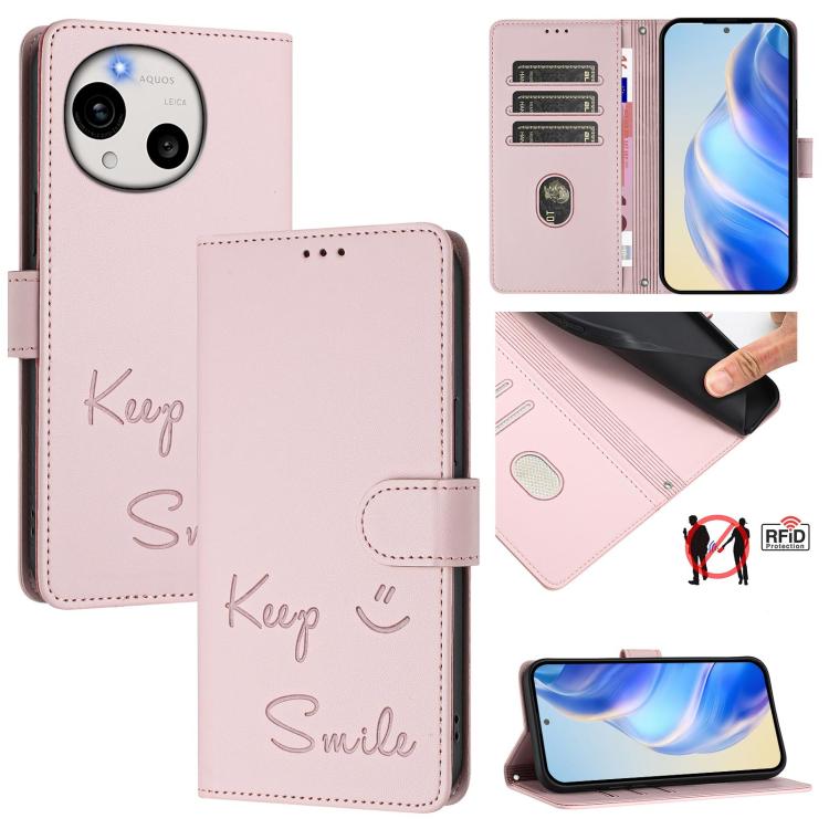 Smile Embossing RFID Leather Phone Case, For Sharp Aquos wish6, For Sharp Aquos R11, For Sharp Aquos Sense10, For Sharp Basio Active3, For Sharp Aquos Sense9 Plus, For Sharp Aquos Sense9, For Sharp Aquos R9 Pro, For Sharp Aquos wish4