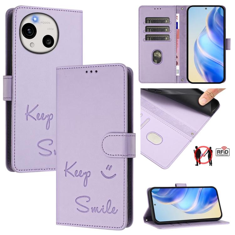 Smile Embossing RFID Leather Phone Case, For Sharp Aquos wish6, For Sharp Aquos R11, For Sharp Aquos Sense10, For Sharp Basio Active3, For Sharp Aquos Sense9 Plus, For Sharp Aquos Sense9, For Sharp Aquos R9 Pro, For Sharp Aquos wish4