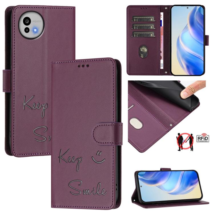 Smile Embossing RFID Leather Phone Case, For Sharp Aquos wish6, For Sharp Aquos R11, For Sharp Aquos Sense10, For Sharp Basio Active3, For Sharp Aquos Sense9 Plus, For Sharp Aquos Sense9, For Sharp Aquos R9 Pro, For Sharp Aquos wish4