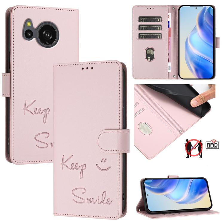 Smile Embossing RFID Leather Phone Case, For Sharp Aquos R9, For Sharp Aquos sense8 SHG11 / SH-54D, For Sharp Aquos wish3