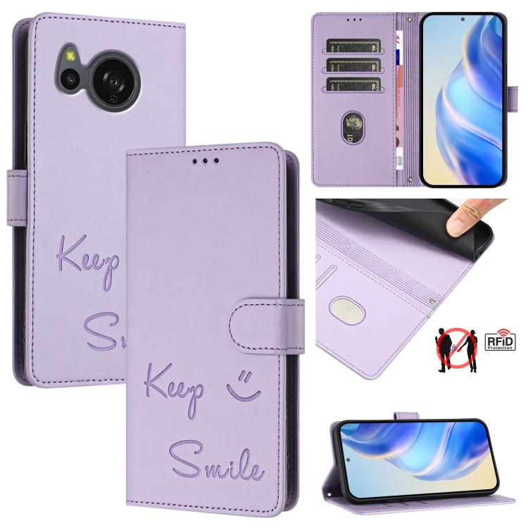 Smile Embossing RFID Leather Phone Case, For Sharp Aquos R9, For Sharp Aquos sense8 SHG11 / SH-54D, For Sharp Aquos wish3