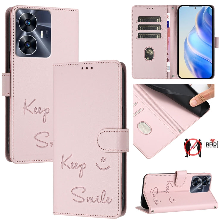 Smile Embossing RFID Leather Phone Case, For Realme 11 4G Global, For Realme Narzo 60x 5G Global, For Realme 11 5G Global / 11X 5G, For Realme GT5 5G 240W / GT5 5G, For Realme Narzo 60 Pro Global, For Realme C65 4G Global, For Realme C55 4G Global     ...