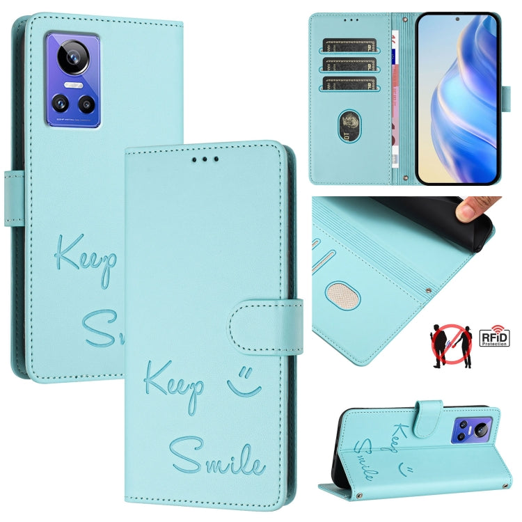 Smile Embossing RFID Leather Phone Case, For Realme C30 4G / Narzo 50i Prime, For Realme GT Neo 3T, For Realme Narzo 50 Pro 5G, For Realme 9 Pro+ 5G, For Realme 9 4G Global, For Realme V23 / Narzo 50, For Realme GT Neo 3, For Realme 8 5G / 9 5G India