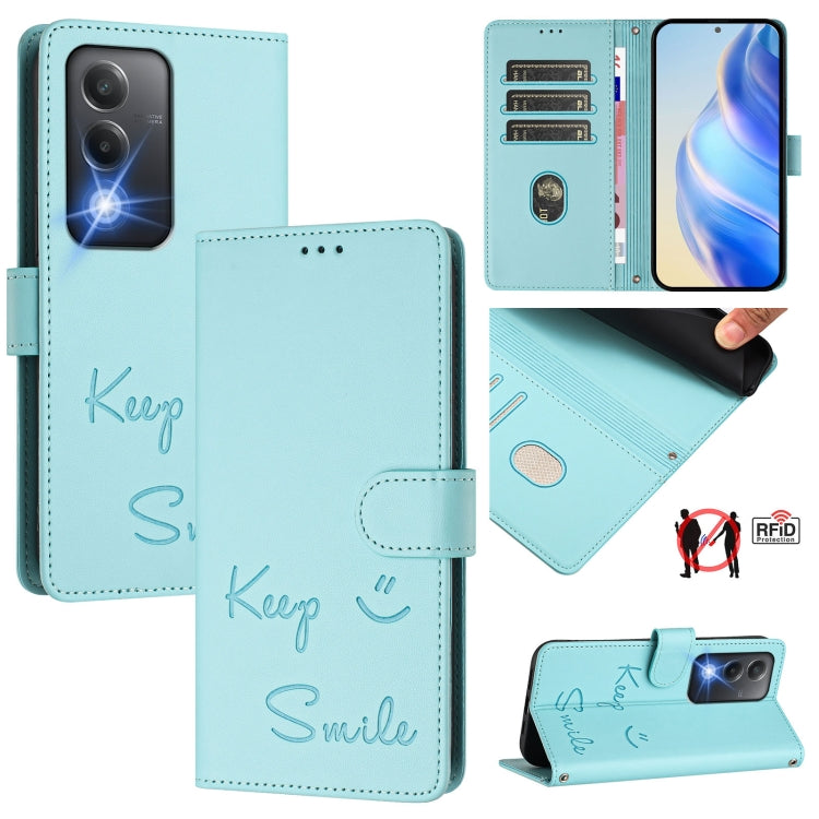 Smile Embossing RFID Leather Phone Case, For OPPO K12x 5G Global, For OPPO Reno12 F 5G Global, For OPPO A3 Pro 5G Global / India, For OPPO Reno12 Pro Global, For OPPO Reno12 Global, For OPPO A60 4G Global, For OPPO F25 Pro 5G India                     ...