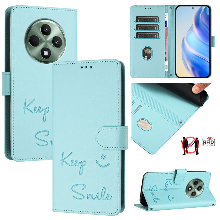 Smile Embossing RFID Leather Phone Case, For OPPO K12x 5G Global, For OPPO Reno12 F 5G Global, For OPPO A3 Pro 5G Global / India, For OPPO Reno12 Pro Global, For OPPO Reno12 Global, For OPPO A60 4G Global, For OPPO F25 Pro 5G India                     ...