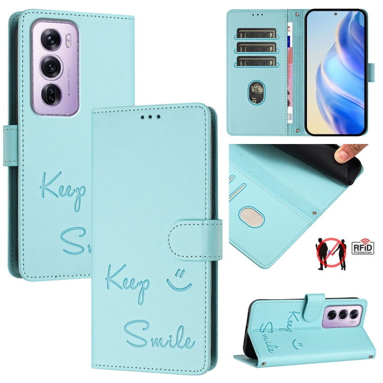 Smile Embossing RFID Leather Phone Case, For OPPO K12x 5G Global, For OPPO Reno12 F 5G Global, For OPPO A3 Pro 5G Global / India, For OPPO Reno12 Pro Global, For OPPO Reno12 Global, For OPPO A60 4G Global, For OPPO F25 Pro 5G India                     ...