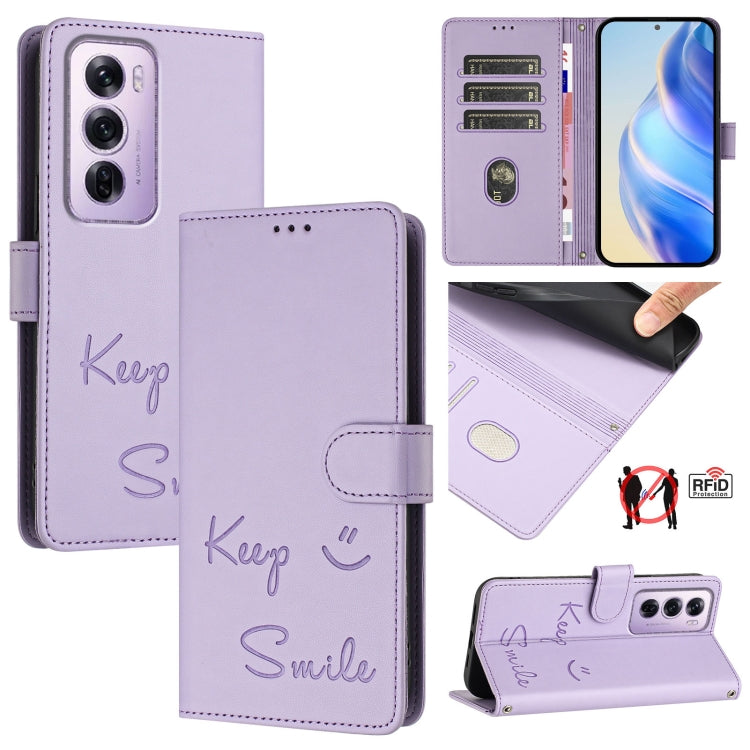 Smile Embossing RFID Leather Phone Case, For OPPO K12x 5G Global, For OPPO Reno12 F 5G Global, For OPPO A3 Pro 5G Global / India, For OPPO Reno12 Pro Global, For OPPO Reno12 Global, For OPPO A60 4G Global, For OPPO F25 Pro 5G India                     ...