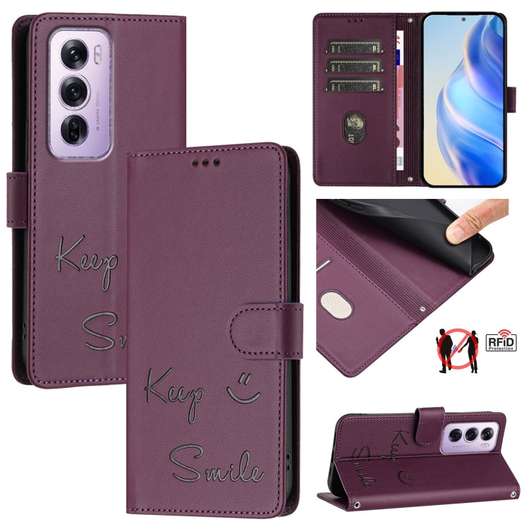 Smile Embossing RFID Leather Phone Case, For OPPO K12x 5G Global, For OPPO Reno12 F 5G Global, For OPPO A3 Pro 5G Global / India, For OPPO Reno12 Pro Global, For OPPO Reno12 Global, For OPPO A60 4G Global, For OPPO F25 Pro 5G India                     ...