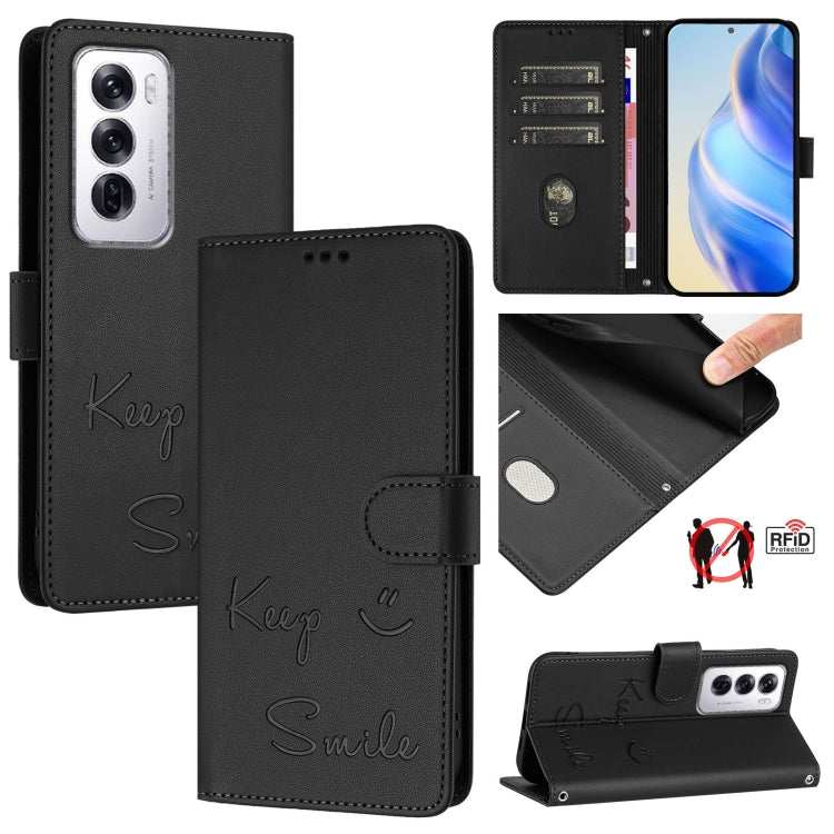 Smile Embossing RFID Leather Phone Case, For OPPO K12x 5G Global, For OPPO Reno12 F 5G Global, For OPPO A3 Pro 5G Global / India, For OPPO Reno12 Pro Global, For OPPO Reno12 Global, For OPPO A60 4G Global, For OPPO F25 Pro 5G India                     ...