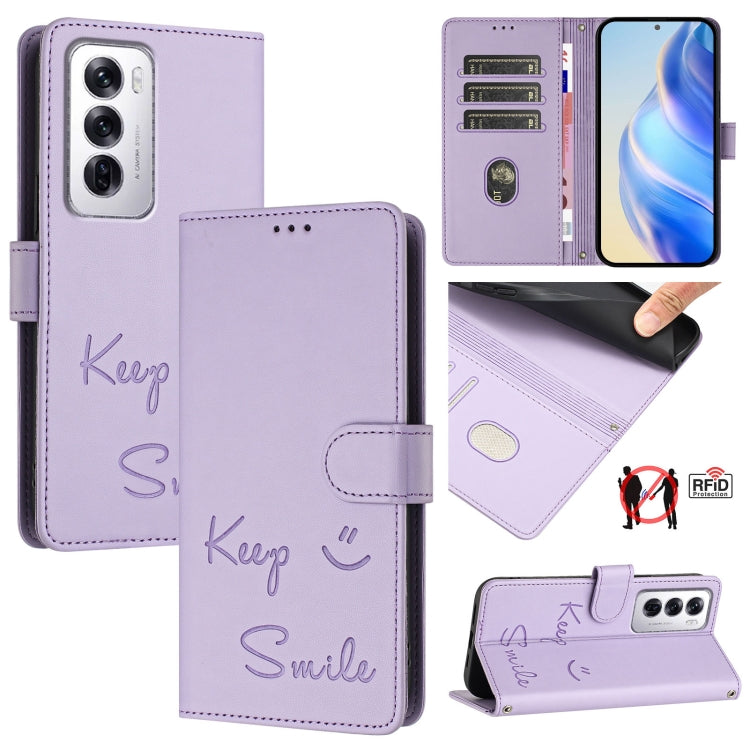 Smile Embossing RFID Leather Phone Case, For OPPO K12x 5G Global, For OPPO Reno12 F 5G Global, For OPPO A3 Pro 5G Global / India, For OPPO Reno12 Pro Global, For OPPO Reno12 Global, For OPPO A60 4G Global, For OPPO F25 Pro 5G India                     ...