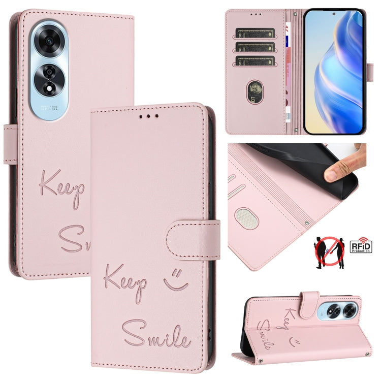 Smile Embossing RFID Leather Phone Case, For OPPO K12x 5G Global, For OPPO Reno12 F 5G Global, For OPPO A3 Pro 5G Global / India, For OPPO Reno12 Pro Global, For OPPO Reno12 Global, For OPPO A60 4G Global, For OPPO F25 Pro 5G India                     ...