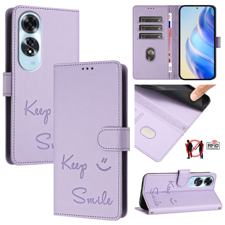 Smile Embossing RFID Leather Phone Case, For OPPO K12x 5G Global, For OPPO Reno12 F 5G Global, For OPPO A3 Pro 5G Global / India, For OPPO Reno12 Pro Global, For OPPO Reno12 Global, For OPPO A60 4G Global, For OPPO F25 Pro 5G India                     ...