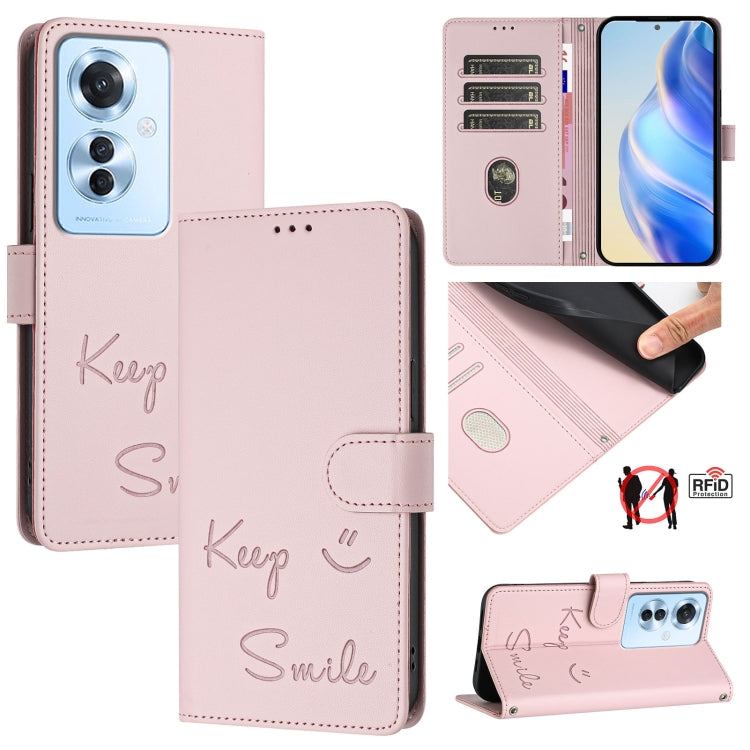 Smile Embossing RFID Leather Phone Case, For OPPO K12x 5G Global, For OPPO Reno12 F 5G Global, For OPPO A3 Pro 5G Global / India, For OPPO Reno12 Pro Global, For OPPO Reno12 Global, For OPPO A60 4G Global, For OPPO F25 Pro 5G India                     ...