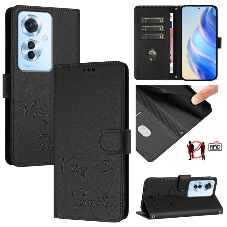 Smile Embossing RFID Leather Phone Case, For OPPO K12x 5G Global, For OPPO Reno12 F 5G Global, For OPPO A3 Pro 5G Global / India, For OPPO Reno12 Pro Global, For OPPO Reno12 Global, For OPPO A60 4G Global, For OPPO F25 Pro 5G India                     ...