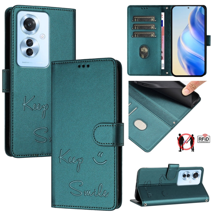 Smile Embossing RFID Leather Phone Case, For OPPO K12x 5G Global, For OPPO Reno12 F 5G Global, For OPPO A3 Pro 5G Global / India, For OPPO Reno12 Pro Global, For OPPO Reno12 Global, For OPPO A60 4G Global, For OPPO F25 Pro 5G India                     ...