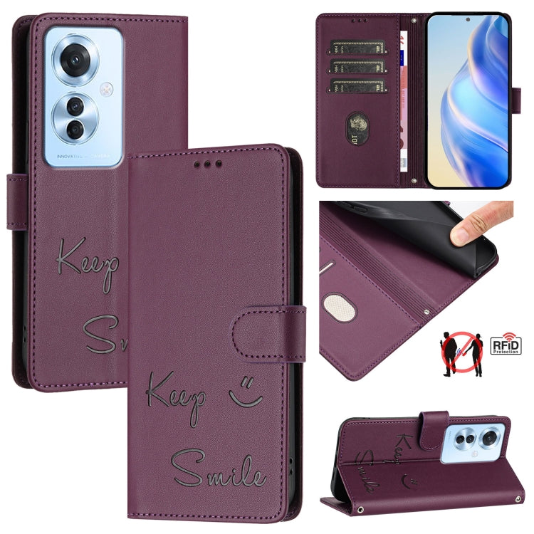 Smile Embossing RFID Leather Phone Case, For OPPO K12x 5G Global, For OPPO Reno12 F 5G Global, For OPPO A3 Pro 5G Global / India, For OPPO Reno12 Pro Global, For OPPO Reno12 Global, For OPPO A60 4G Global, For OPPO F25 Pro 5G India                     ...