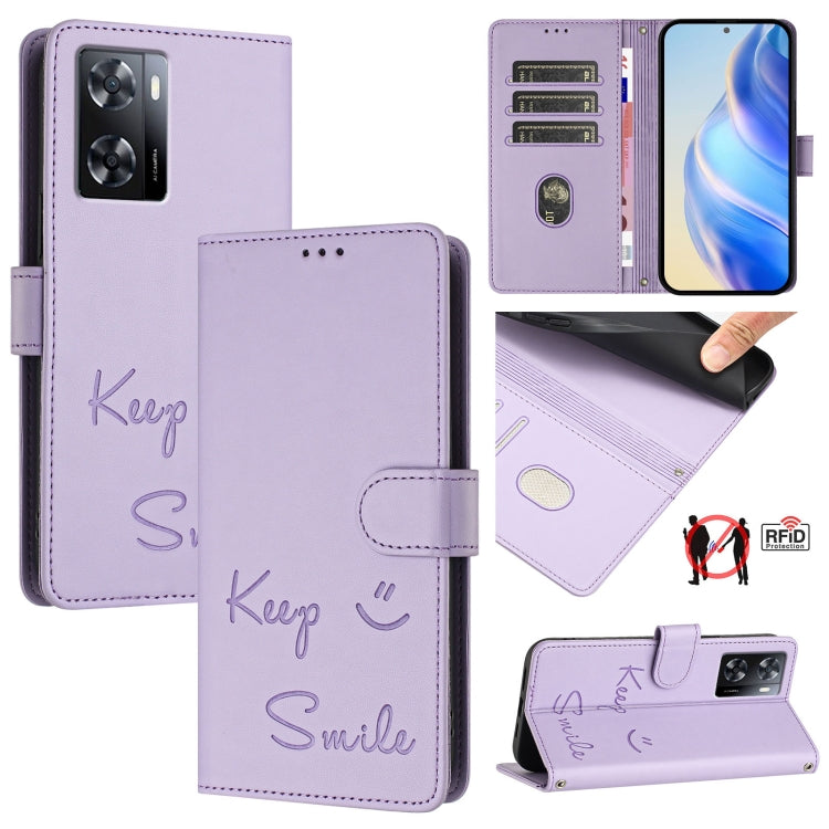 Smile Embossing RFID Leather Phone Case, For OPPO A57 4G / A57s 4G / A57e 4G, For OPPO Reno9 5G / Reno9 Pro 5G, For OPPO A17 4G Global / A17K, For OPPO A77 5G / A97 5G, For OPPO Reno8 Pro 5G Global, For OPPO Reno8 5G Global, For OPPO A96 4G / K10 4G   ...
