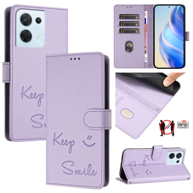 Smile Embossing RFID Leather Phone Case, For OPPO A57 4G / A57s 4G / A57e 4G, For OPPO Reno9 5G / Reno9 Pro 5G, For OPPO A17 4G Global / A17K, For OPPO A77 5G / A97 5G, For OPPO Reno8 Pro 5G Global, For OPPO Reno8 5G Global, For OPPO A96 4G / K10 4G   ...