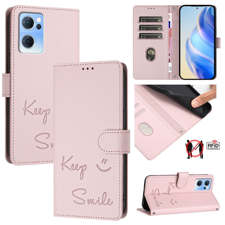 Smile Embossing RFID Leather Phone Case, For OPPO Find X5 Pro, For OPPO Find X5, For OPPO Reno7 5G Global, For OPPO Find X5 Lite, For OPPO A54 4G / A54s / A55 5G, For OPPO A16 / A16s / A55s 5G, For OPPO A53s 5G / A56 5G, For OPPO A11s 4G