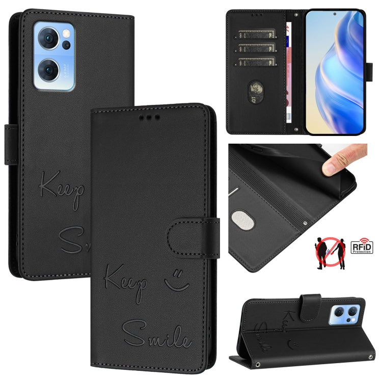 Smile Embossing RFID Leather Phone Case, For OPPO Find X5 Pro, For OPPO Find X5, For OPPO Reno7 5G Global, For OPPO Find X5 Lite, For OPPO A54 4G / A54s / A55 5G, For OPPO A16 / A16s / A55s 5G, For OPPO A53s 5G / A56 5G, For OPPO A11s 4G