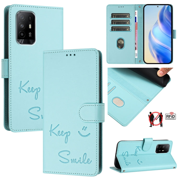 Smile Embossing RFID Leather Phone Case, For OPPO A95 4G Global / Reno6 Lite, For OPPO A74 4G / F19 / F19s, For OPPO F19 Pro / Reno5 F, For OPPO A94 5G Global / Reno5 Z, For OPPO Reno5 4G / Reno5 5G, For OPPO Find X3 Lite