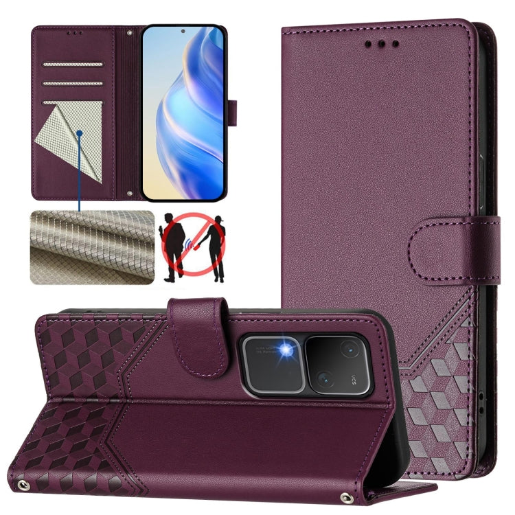 Honeycomb Embossing RFID Leather Phone Case, For vivo Y03 4G Global / Y18 4G, For vivo Y38 5G / Y200i / T3x Global, For vivo iQOO Z9x, For vivo iQOO Z9 / Z9 Turbo, For vivo Y100 IDN / T3 5G IDN, For vivo V30 5G / V30 Pro Global                         ...