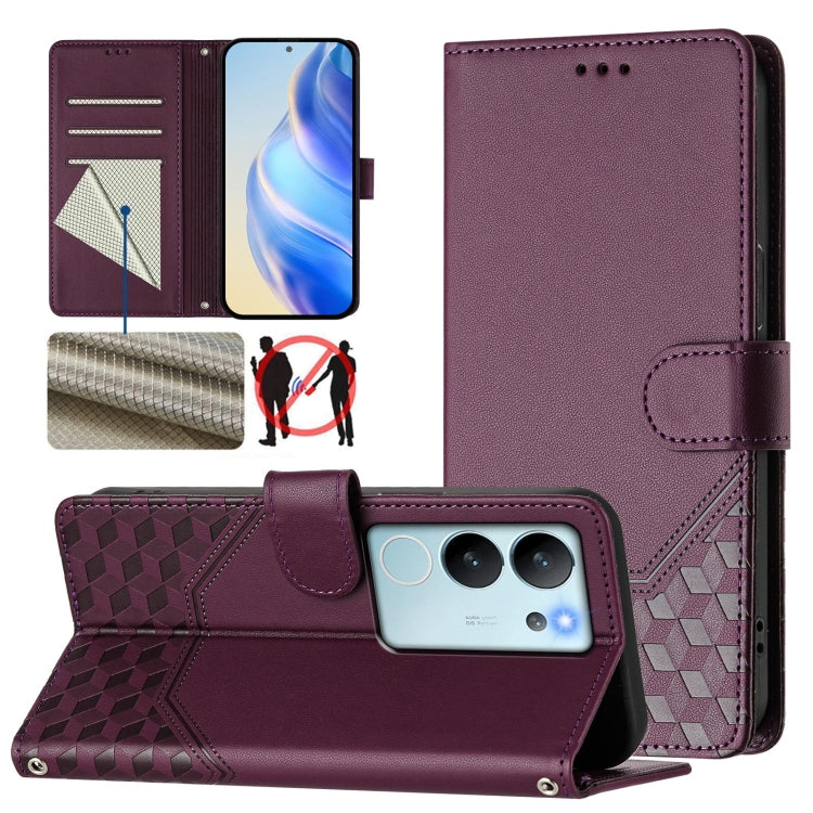 Honeycomb Embossing RFID Leather Phone Case, For vivo Y03 4G Global / Y18 4G, For vivo Y38 5G / Y200i / T3x Global, For vivo iQOO Z9x, For vivo iQOO Z9 / Z9 Turbo, For vivo Y100 IDN / T3 5G IDN, For vivo V30 5G / V30 Pro Global                         ...