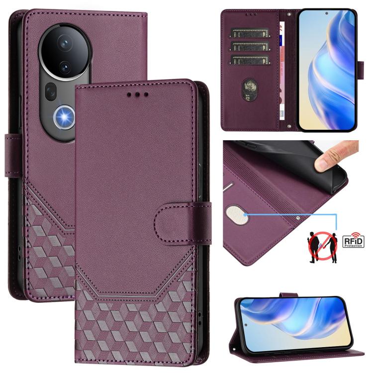 Honeycomb Embossing RFID Leather Phone Case, For vivo V50 Lite 5G, For vivo Y29s 5G / Y04 4G Global, For vivo Y29 4G Global, For vivo V50 5G Global, For vivo S20 5G, For vivo S20 Pro 5G, For vivo Y300 5G, For vivo V40 Lite 5G IDN