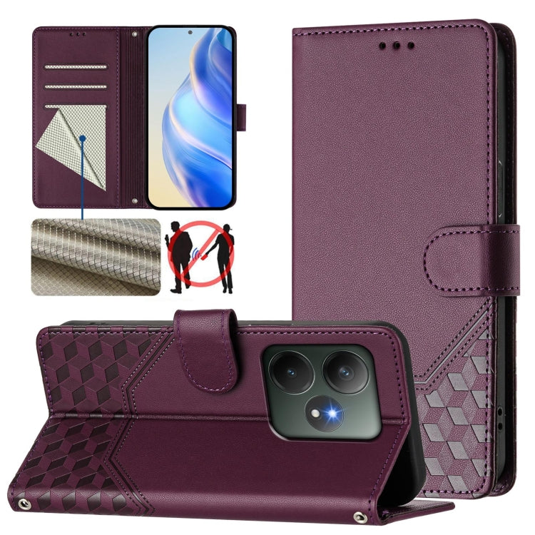 Honeycomb Embossing RFID Leather Phone Case, For Realme C63 5G Global, For Realme Note 60 4G Global / C61 India, For Realme 13+ 5G Global, For Realme 13 Pro 5G / 13 Pro+ 5G, For Realme GT 6 5G / GT 6T 5G Global, For Realme C63 / C61 Global             ...