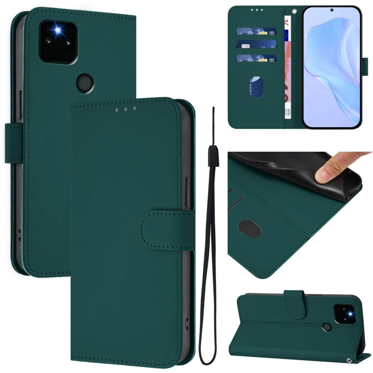 Skin Feel Solid Color Leather Phone Case with Lanyard, For Google Pixel 5a