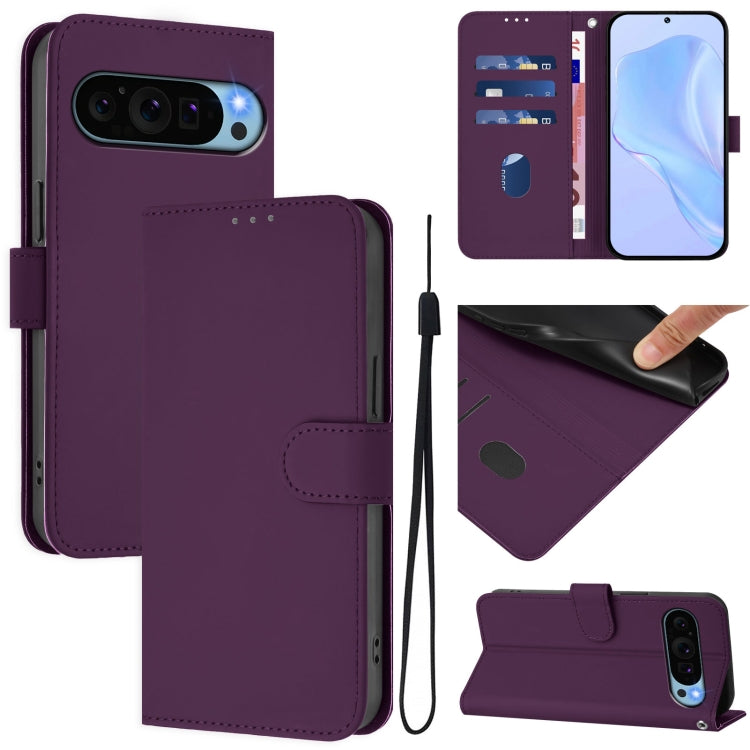 Skin Feel Solid Color Leather Phone Case with Lanyard, For Google Pixel 9a, For Google Pixel 9 Pro XL