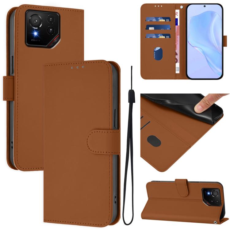 Skin Feel Solid Color Leather Phone Case with Lanyard, For Asus Zenfone 12 Ultra, For Asus ROG Phone 9 / 9 Pro