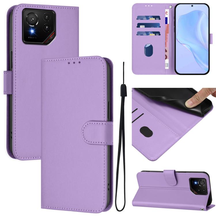 Skin Feel Solid Color Leather Phone Case with Lanyard, For Asus Zenfone 12 Ultra, For Asus ROG Phone 9 / 9 Pro