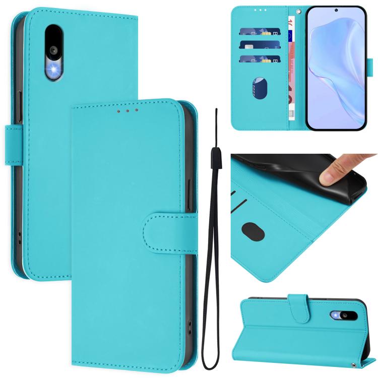Skin Feel Solid Color Leather Phone Case with Lanyard, For Sharp Basio Active3, For Sharp Aquos Sense9 Plus