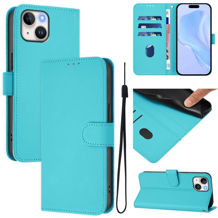 Skin Feel Solid Color Leather Phone Case with Lanyard, For iPhone 15, For iPhone 14 Plus