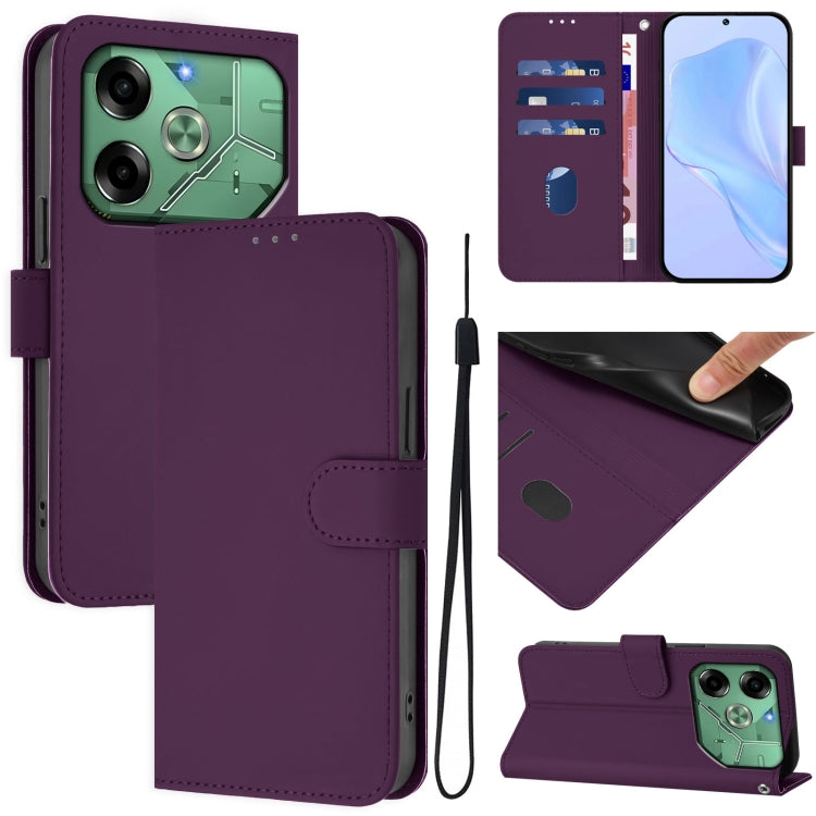 Skin Feel Solid Color Leather Phone Case with Lanyard, For Tecno Pova 6 Neo, For Tecno Pova 6 4G