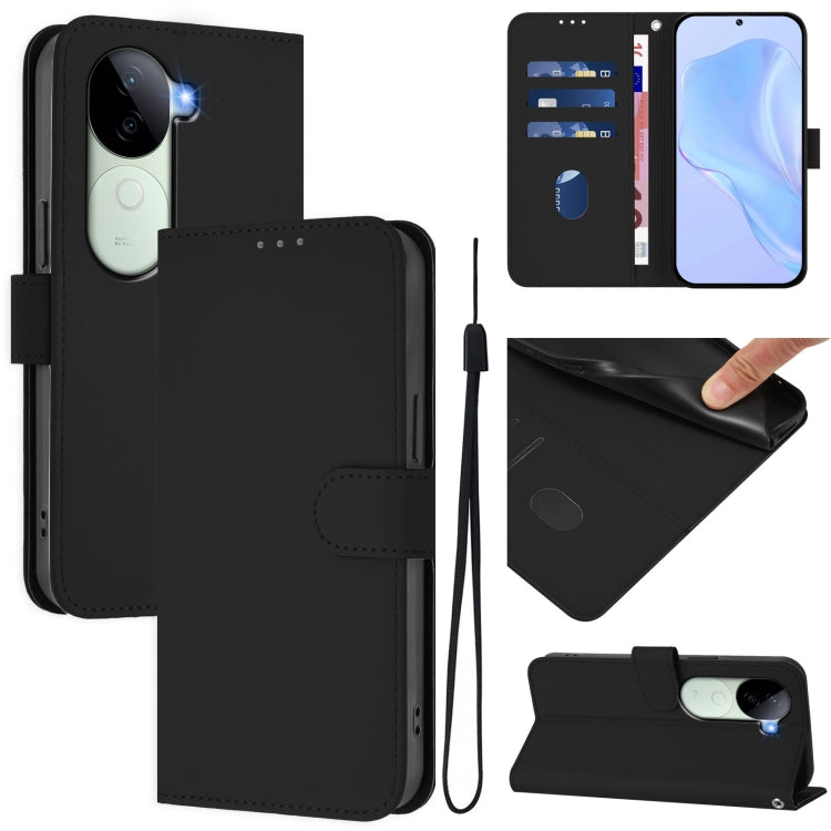 Skin Feel Solid Color Leather Phone Case with Lanyard, For vivo V40 Lite 5G IDN, For vivo V40E 5G India / iQOO Z9s 5G
